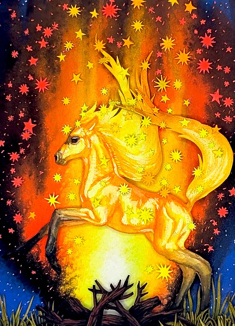 Painting of a fiery horse with stars in the background