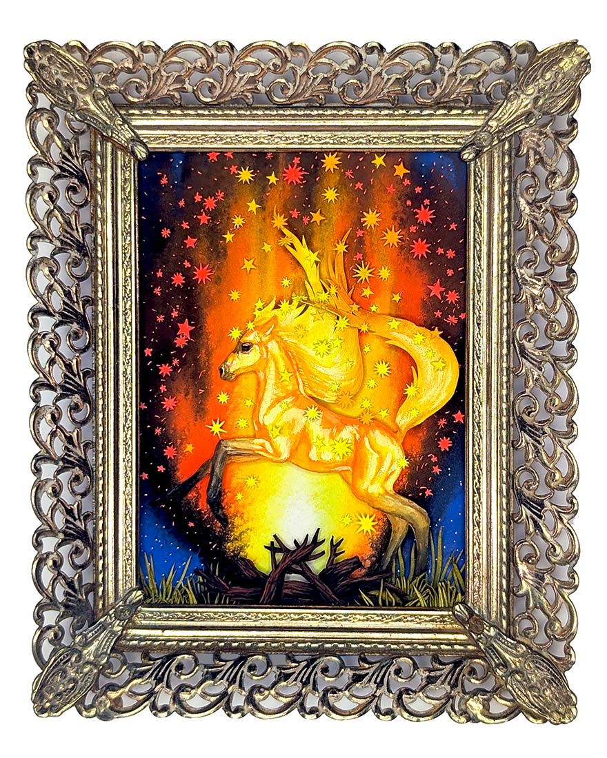 Decorative frame with a glowing unicorn painting against a starry night sky.