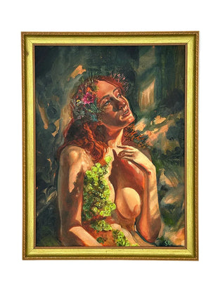 A framed painting of a nude woman with red hair, wearing a floral crown and green leaf garland, set against a dark forest background. The artwork is housed in a wide, ornate gold frame and is displayed on a clean white wall.