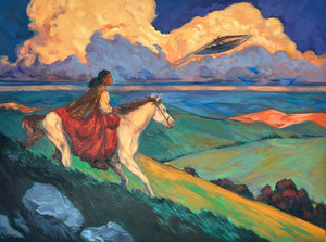 Painting of a person on horseback with a dramatic sky and landscape.