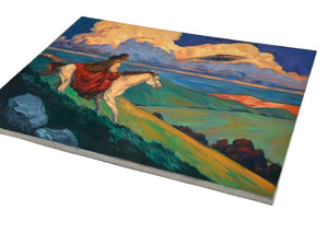 Colorful painting of a landscape with a person on a horse, displayed on a white surface.
