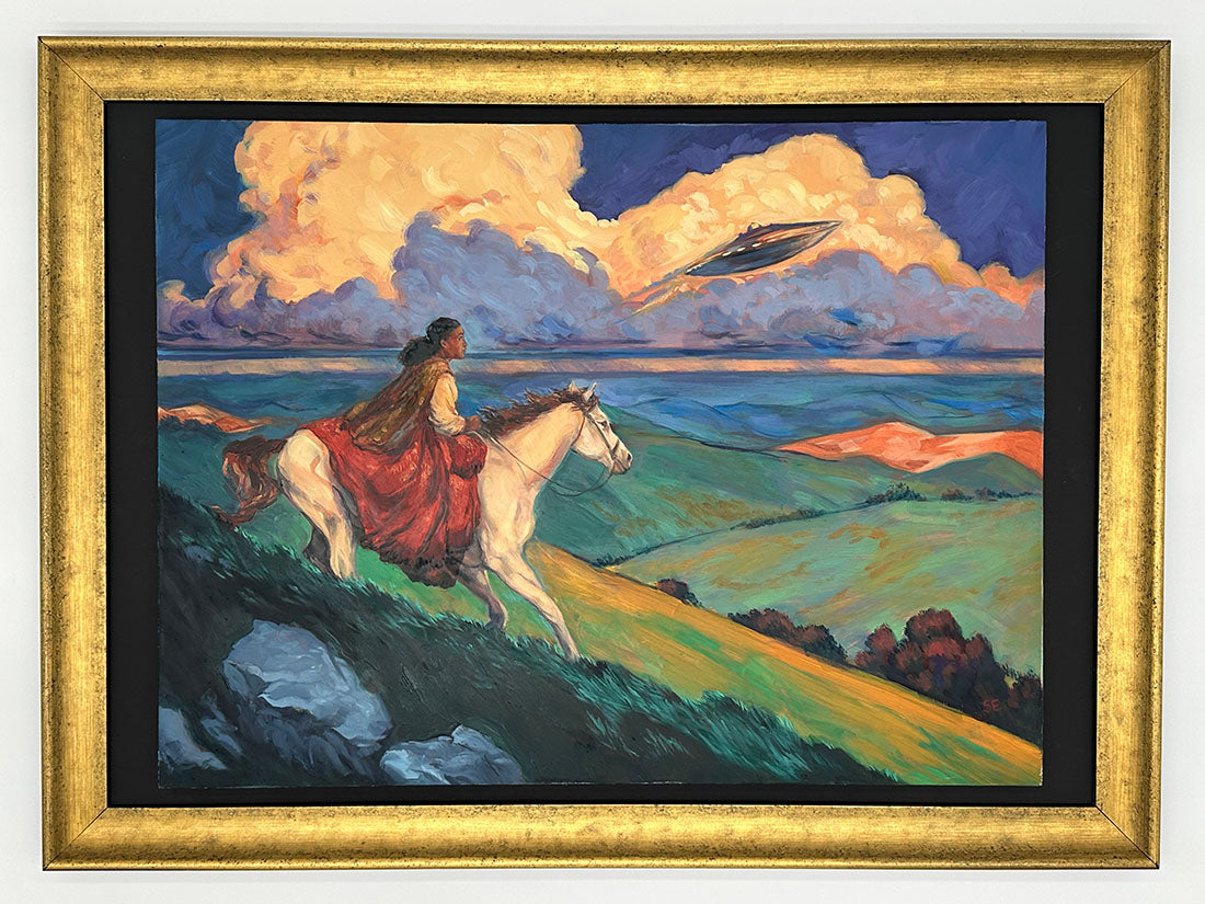 Painting of a person on horseback with a dramatic sky and landscape.