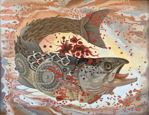 Abstract artwork of a fish with mechanical elements and red splashes on a multicolored background