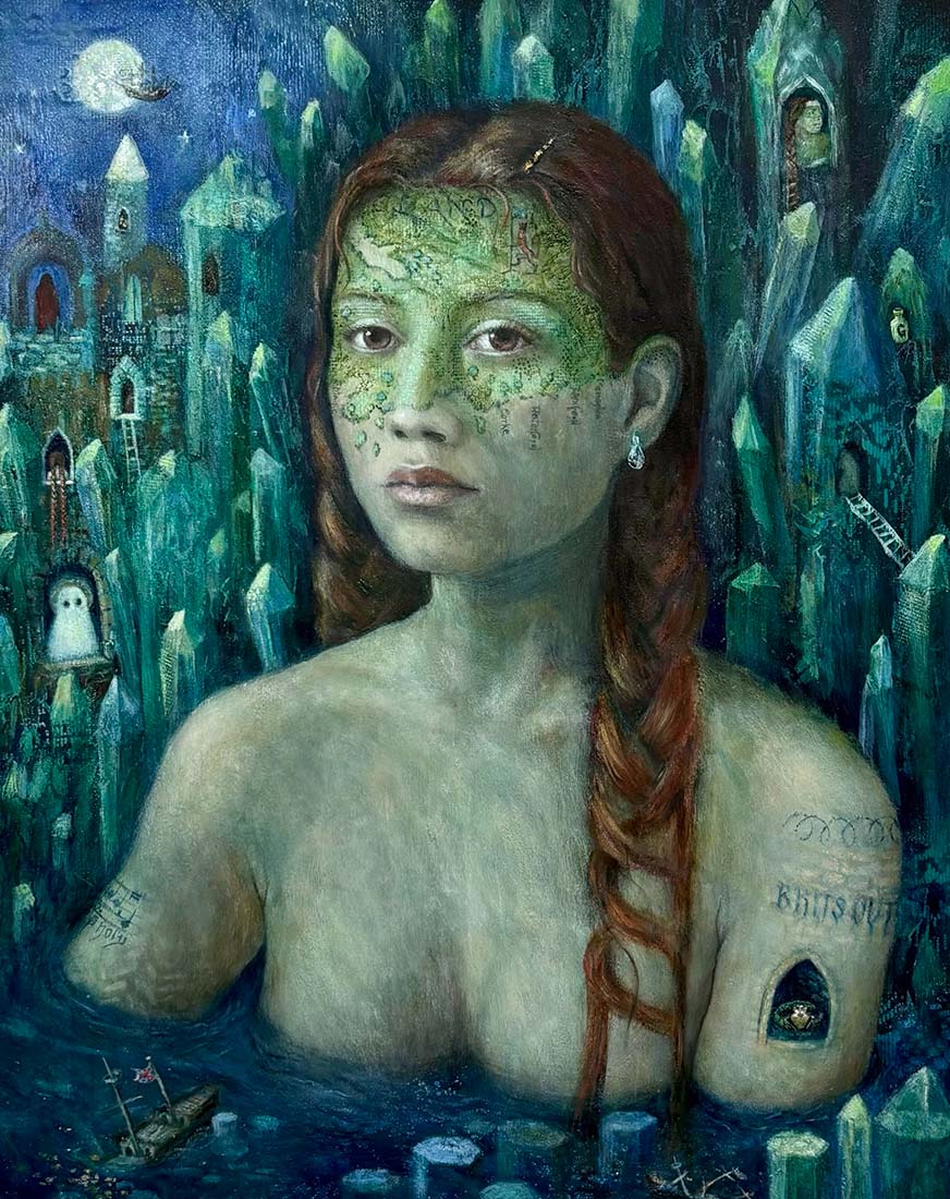 Artistic depiction of a woman with tattoos and green face paint against a mystical background.
