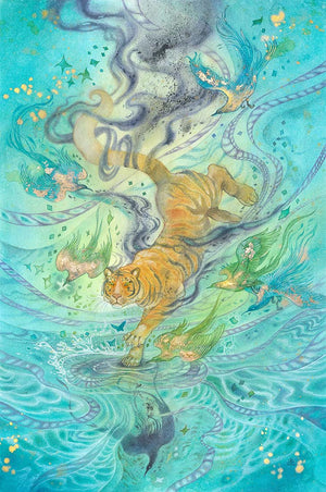 Illustration of a tiger swimming in water with abstract patterns and colors