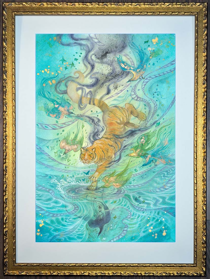 Illustration of a tiger swimming in water with abstract patterns and colors