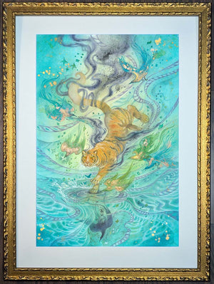 Framed artwork of a tiger in a stylized, abstract design with gold frame.