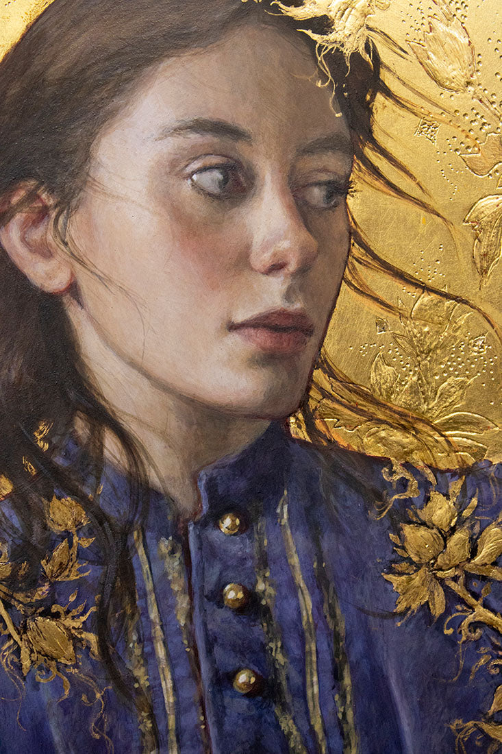 A close-up portrait painting of a young woman with dark hair, wearing a deep blue embroidered garment with gold floral detailing, set against a textured gold background.