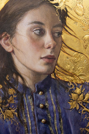 A close-up portrait painting of a young woman with dark hair, wearing a deep blue embroidered garment with gold floral detailing, set against a textured gold background.