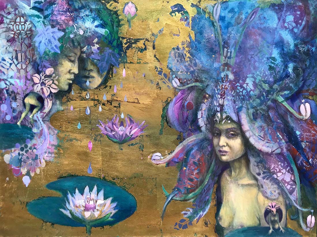 Artistic depiction of a woman with elaborate headpiece and floral elements on a gold background