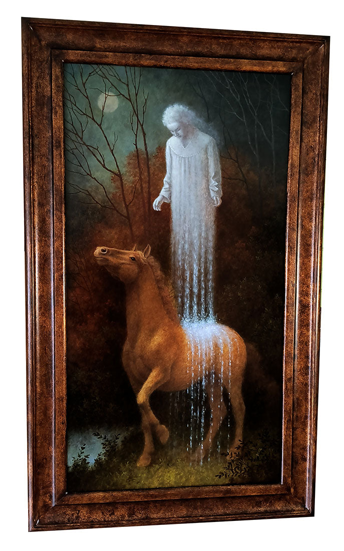 Woman with flowing white dress standing on a horse in a forest setting