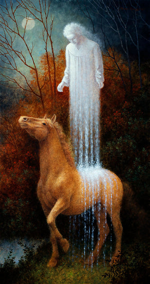 Woman with flowing white dress standing on a horse in a forest setting