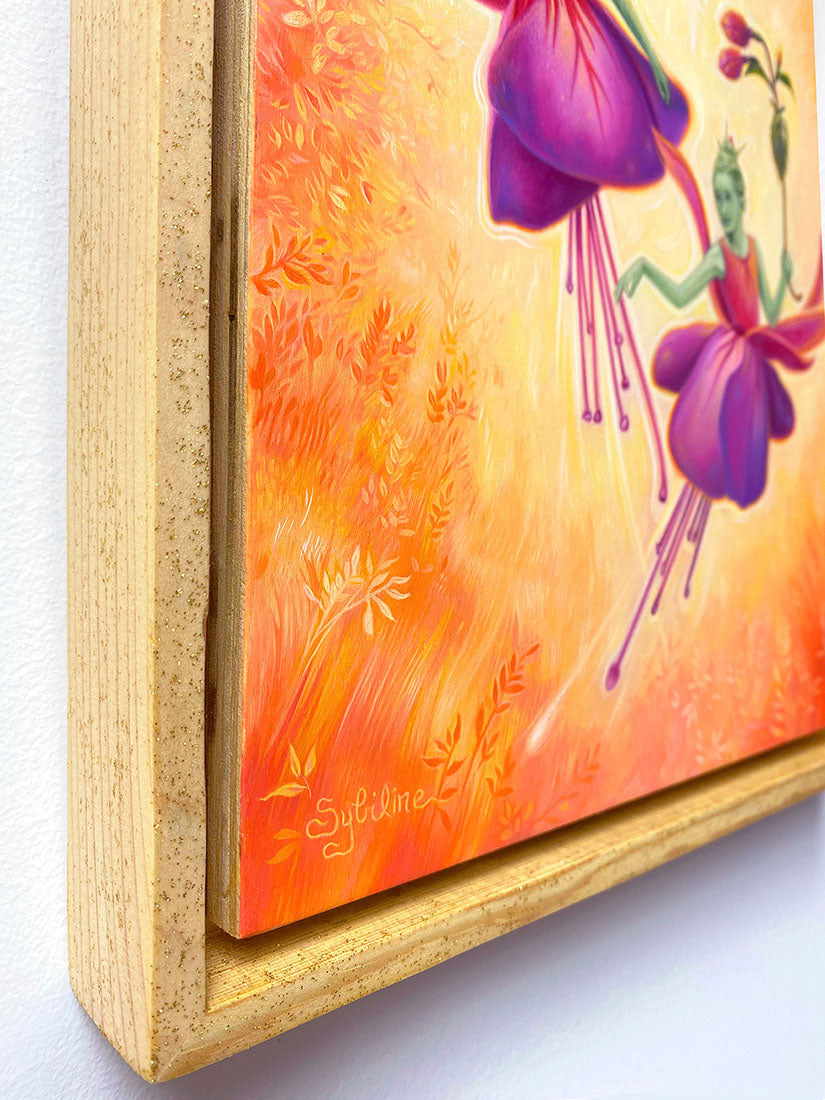 Colorful painting of a fairy and flowers with a wooden frame.