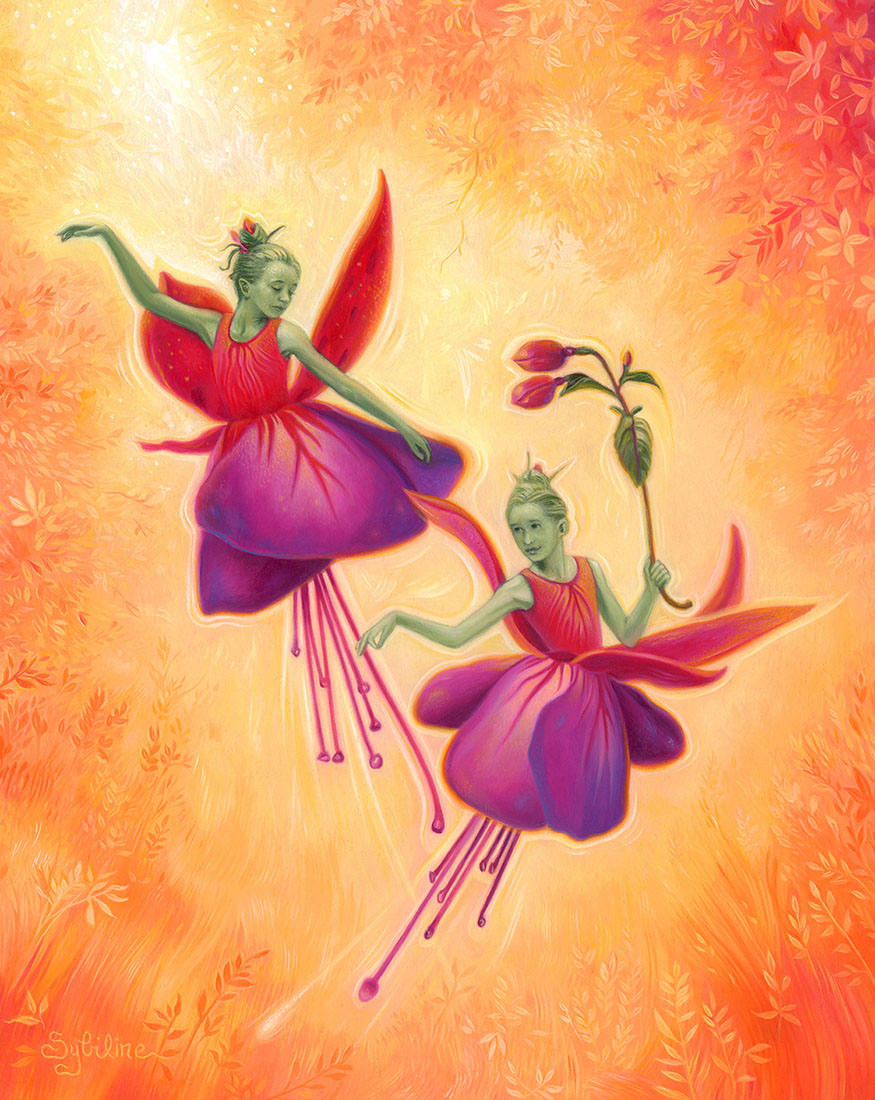 Two fairy-like creatures with colorful wings on a warm, orange background