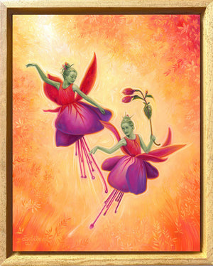 Framed artwork of two fairies with purple dresses on an orange background