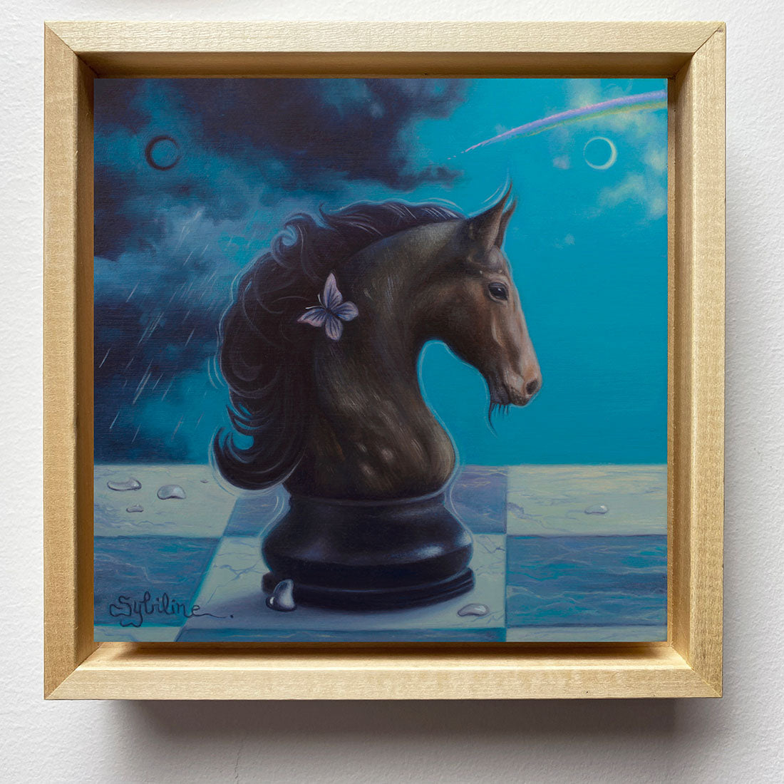 Artistic depiction of a horse head sculpture with a butterfly on a blue background