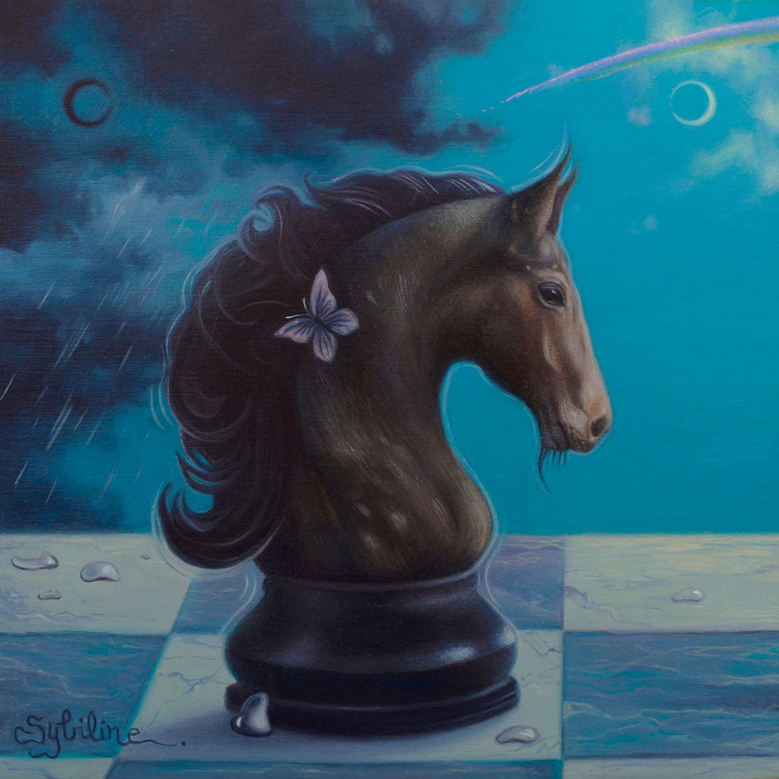 Artistic depiction of a horse head sculpture with a butterfly on a blue background