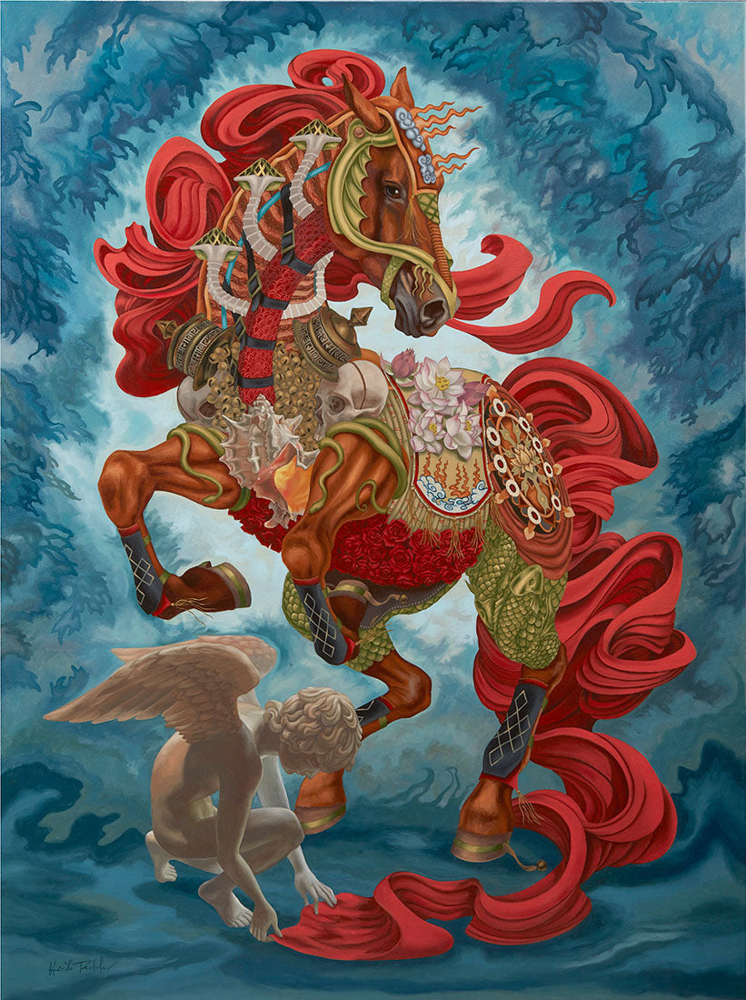 Colorful artwork of a horse with red mane and tail, standing over a winged creature against a blue background.