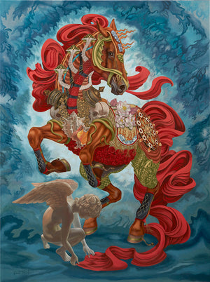 Colorful artwork of a horse with red mane and tail, standing over a winged creature against a blue background.