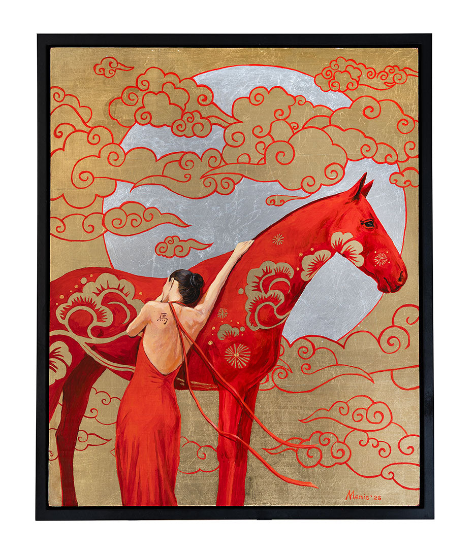 Artistic depiction of a woman in a red dress standing next to a red horse against a decorative background.