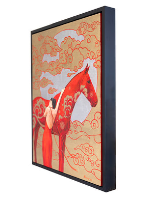 Framed artwork of a woman riding a red horse with decorative patterns on a beige background
