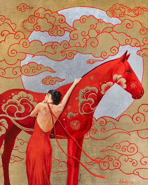 Woman in a red dress standing next to a red horse with decorative cloud patterns on a gold background