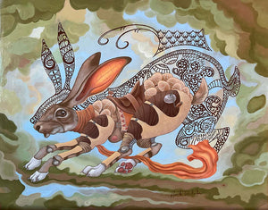 Artistic depiction of a rabbit with dragon-like features in a natural setting