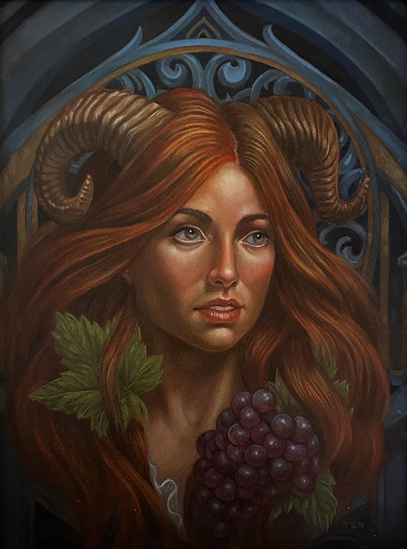 Artistic depiction of a woman with ram's horns holding grapes, set against an ornate arch.