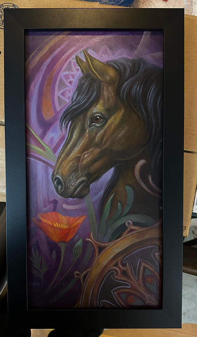 Framed artwork of a horse with a colorful background
