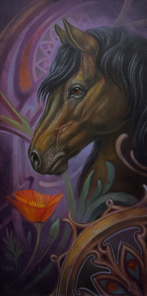 Artistic depiction of a horse's head with an orange flower and intricate patterns in the background