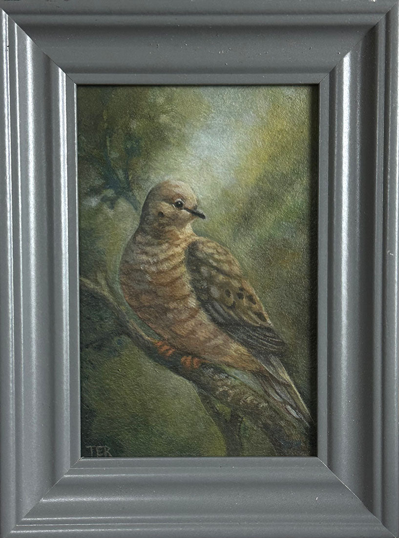 Painting of a bird perched on a branch with a natural background