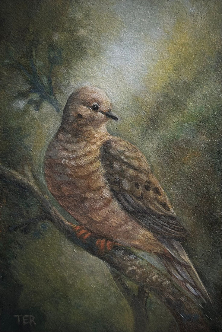 Painting of a bird perched on a branch with a natural background