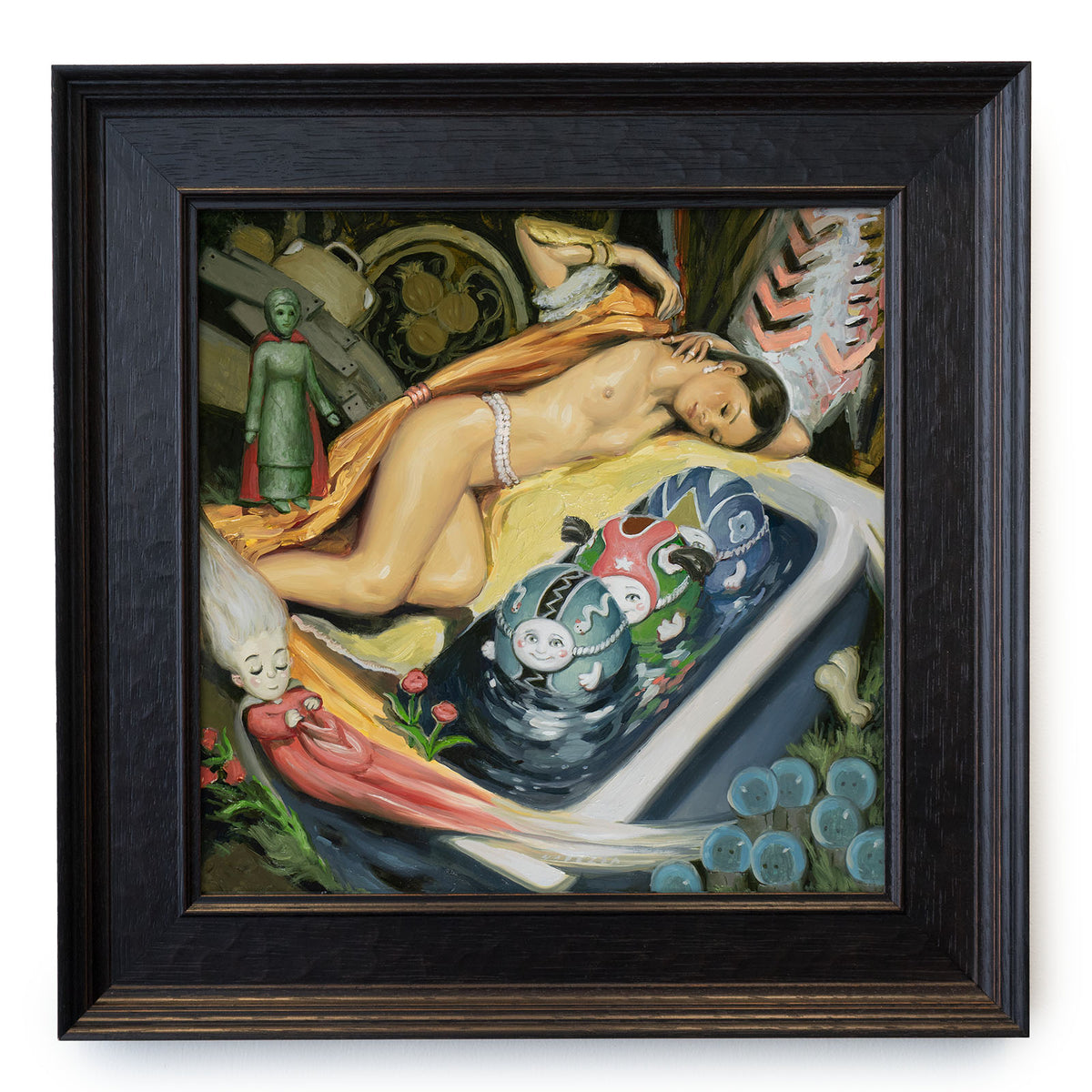 Framed oil painting depicting a woman nude laying above a bath with 3 egg-like creatures and surrounded by a sleeping sprite and and other magical onlookers.