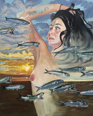 Artistic depiction of a woman with fish around her, set against a sunset sky.