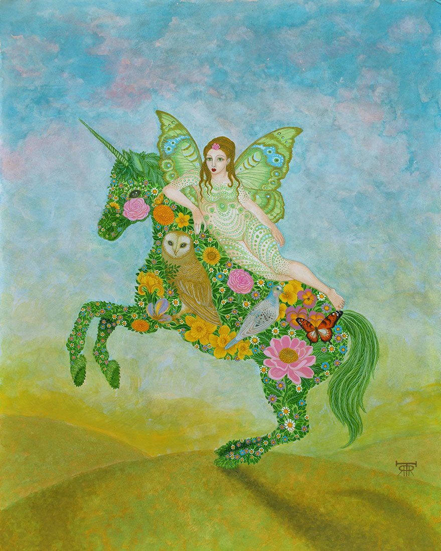 Fantasy painting of a fairy riding a floral unicorn with an owl and butterflies.