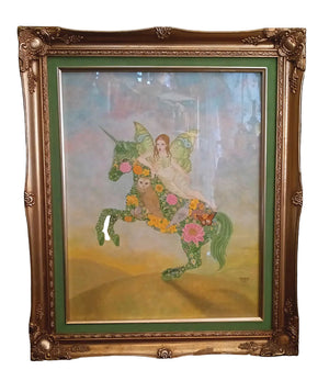 Framed artwork of a fairy riding a unicorn with flowers, on a dark background