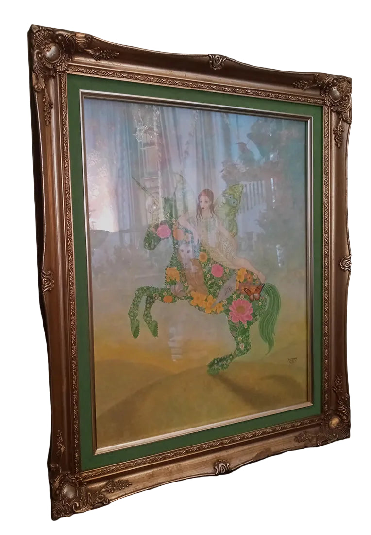 Decorative painting of a fairy on a floral horse in an ornate gold frame.