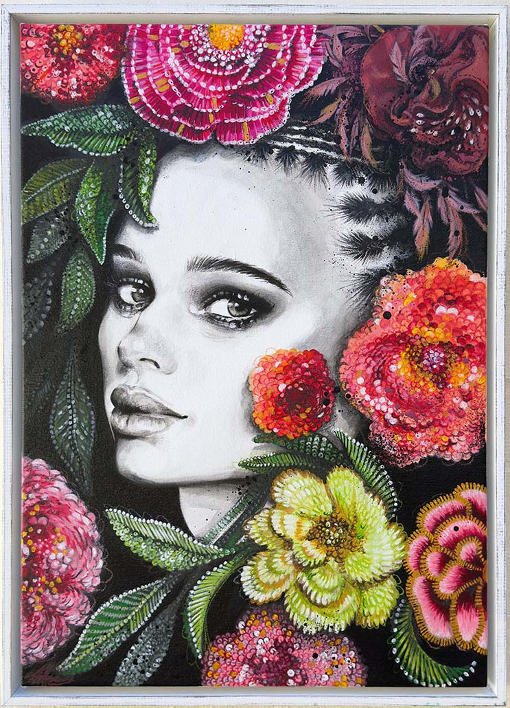 Artistic depiction of a woman's face surrounded by colorful flowers with a black background