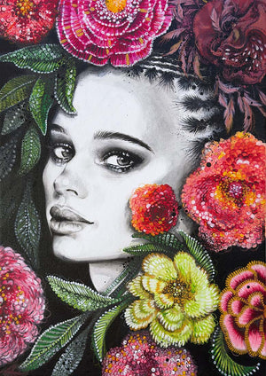 Artistic depiction of a woman's face surrounded by colorful flowers with a black background