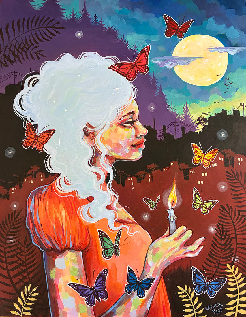 Colorful artwork of a woman with butterflies and a candle against a night sky.