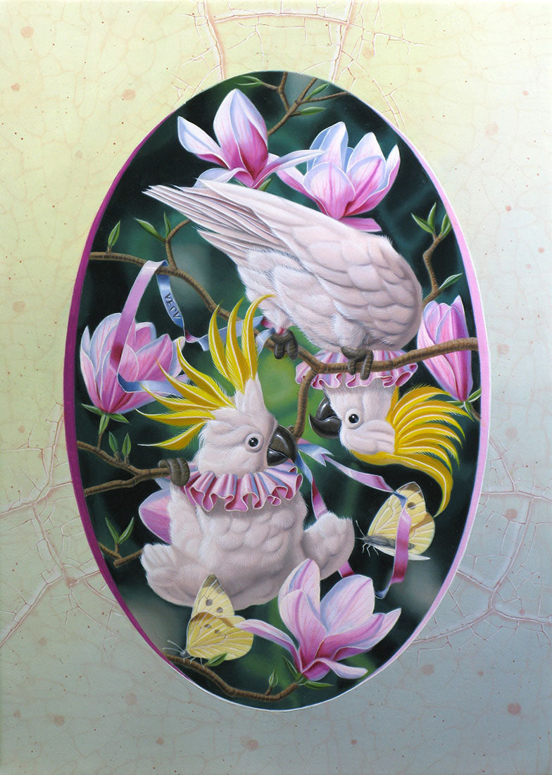 Decorative oval panel with cockatoos and pink flowers on a light green background