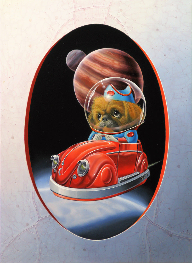A surreal painting featuring a small golden-brown dog in a blue astronaut spacesuit driving a red retro car in outer space, framed within a large oval on a textured light gray background.
