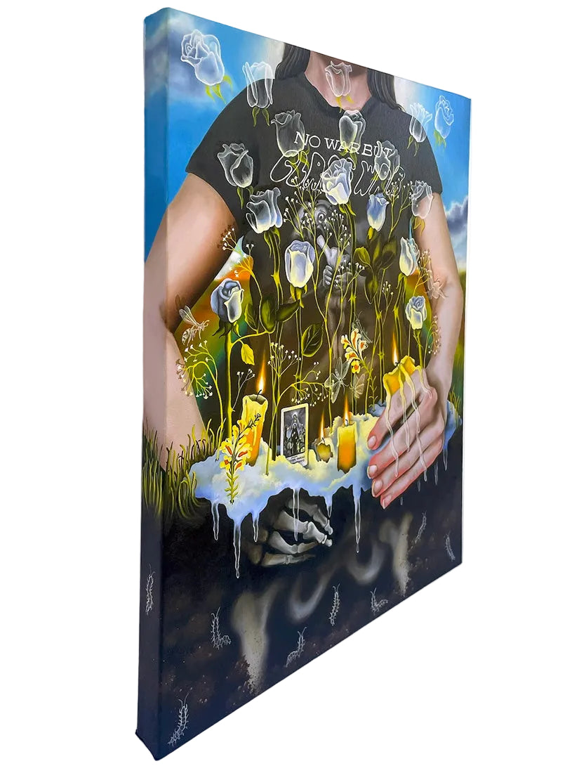 Canvas print with a person holding hands with nature elements on a white background