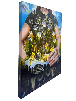 Canvas print with a person holding hands with nature elements on a white background