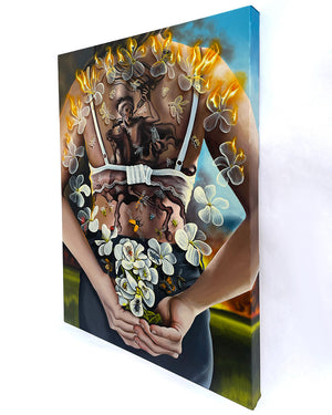 Canvas painting of a person holding hands with a floral design, with a white background.