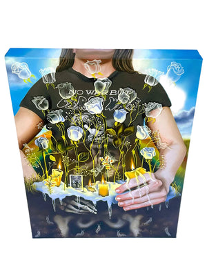 T-shirt with artistic design of hands holding flowers against a scenic background