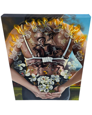 Canvas painting of a stylized depiction of a woman holding flowers with a horse tattoo on a white background
