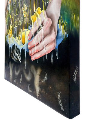 Artistic depiction of a hand holding a candle with abstract elements on a white background