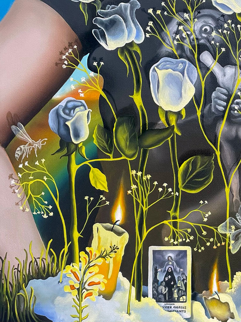 Artistic depiction of a couple embracing with flowers and candles, evoking a sense of intimacy and nature.