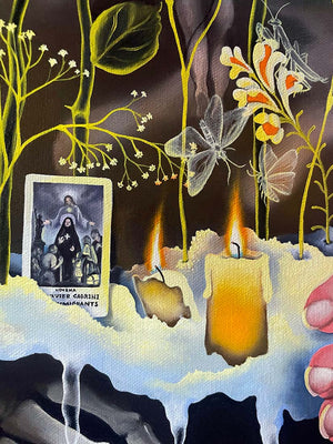 Artistic depiction of a table with candles, flowers, and a religious icon, surrounded by nature elements.